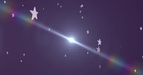Image of multiple white stars falling on purple background with glowing light Stock Illustration