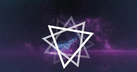 Image of multiple white triangles spinning on seamless loop over glowing pink Illustration