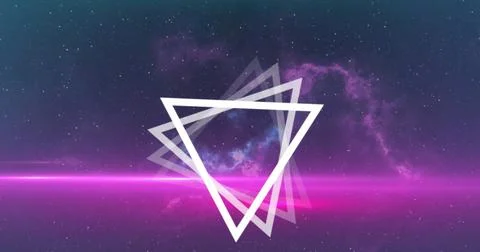 Image of multiple white triangles spinning on seamless loop over glowing pink Illustration