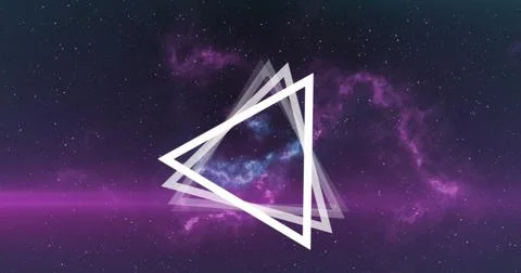 Image of multiple white triangles spinning on seamless loop over glowing pink Illustration