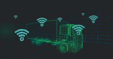 Image of multiple wifi icons over 3d van model moving in seamless pattern i.. Stockfoto's