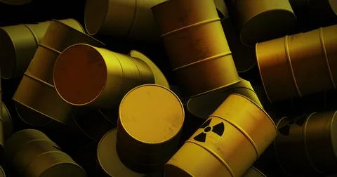 Image of multiple yellow barrels with black nuclear symbols Foto stock