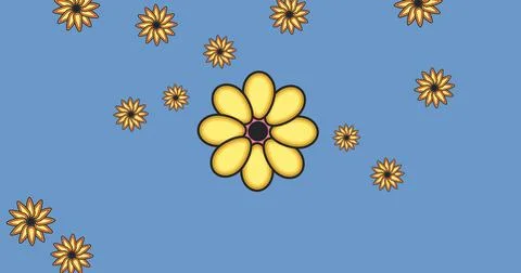 Image of multiple yellow flowers moving over blue background Ilustração Stock
