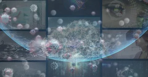 Image of multiracial people analyzing covid-19 data processing with globe on 스톡 일러스트