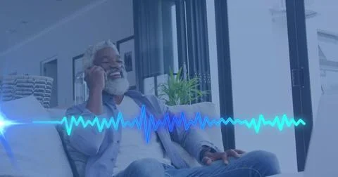 Image of music data processing over african american man with smartphone Stock Photos