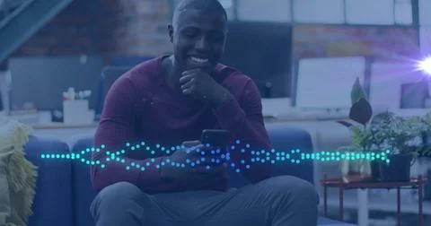 Image of music data processing over african american man with smartphone Stock Photos
