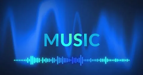 Image of music text and frequency meter over blue soundwaves on black background Stock Illustration