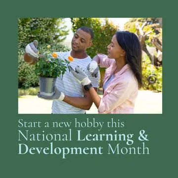 Image of national learning and development month over african american couple Fotos Stock