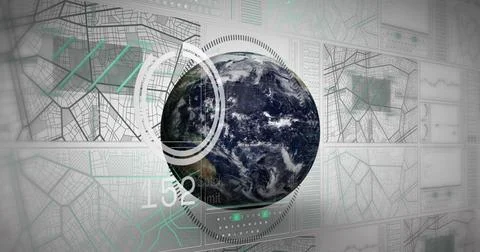 Image of navigation pattern, loading circles, changing numbers over globe on Stock Photos