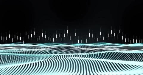 Image of ndigital data processing over glowing mesh on black background イラスト素材