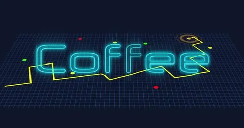 Image of neon blue coffee text banner over gps navigation map against black.. Ilustração Stock