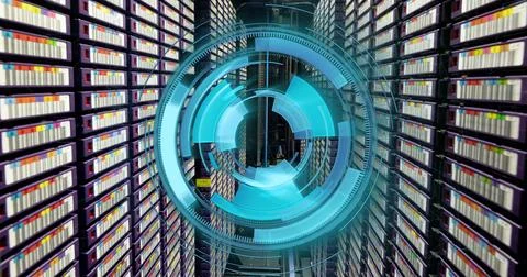 Image of neon blue round scanner spinning against computer server room Stock Photos