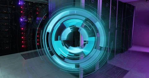 Image of neon blue round scanner spinning against computer server room Foto stock