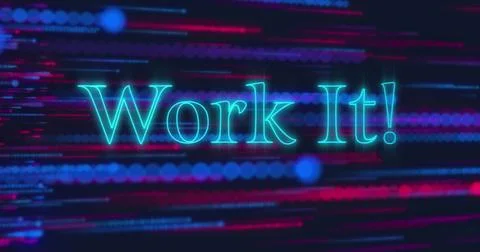 Image of neon blue work it text banner over colorful light trails against b.. Foto stock