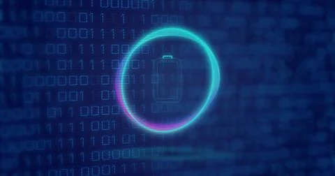 Image of neon circle with battery over digital screen with binary code Stock Illustration