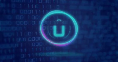 Image of neon circle with battery over digital screen with binary code Stock Illustration