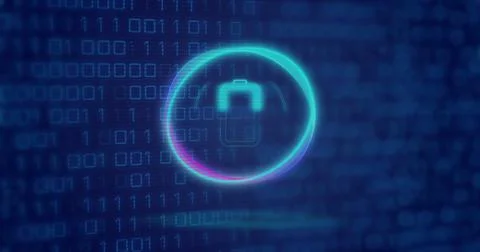 Image of neon circle with battery over digital screen with binary code Stock Illustration