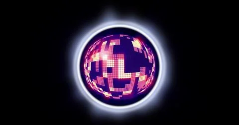 Image of neon circle with disco ball over black background Stock Photos