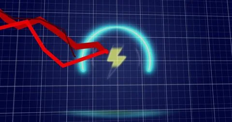 Image of neon circle with flash over digital screen with graphs Stock Photos