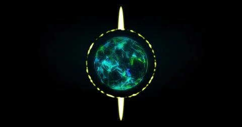 Image of neon circle with globe over black background Stock Illustration