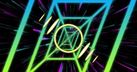 Image of neon circle over digital screen with neon tunnel and lights Stock Illustration