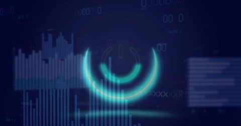 Image of neon circle over digital screen with graphs and data Stock Illustration