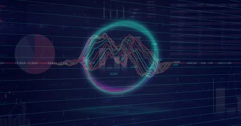 Image of neon circle over graphs and data on navy background Foto stock