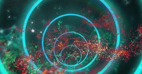 Image of neon circle pattern over light trails background Stock Illustration