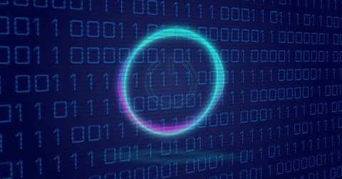 Image of neon circle with power over binary code on digital screen Stock Illustration