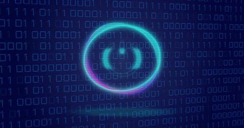 Image of neon circle with power over binary code on digital screen Stock Illustration