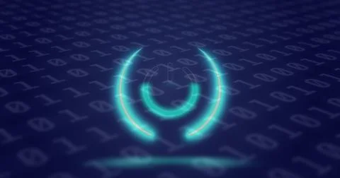 Image of neon circle with power over binary code on digital screen Stock Illustration
