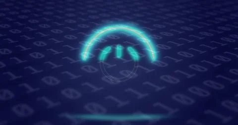 Image of neon circle with power over binary code on digital screen Stockillustratie