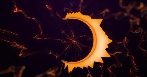 Image of neon circle with rays over digital space with orange smoke Stock Photos