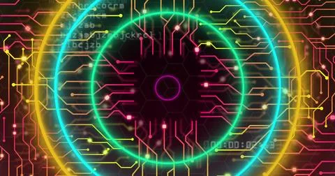 Image of neon circles, data processing over computer circuit board Stock Illustration