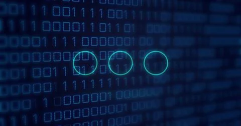 Image of neon circles over binary code on digital screen Stockillustratie
