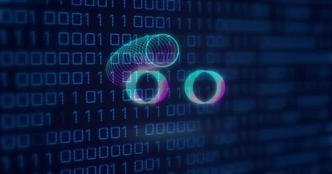 Image of neon circles over binary code on digital screen Stockillustratie