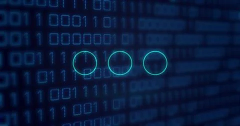 Image of neon circles over binary code on digital screen Stockillustratie