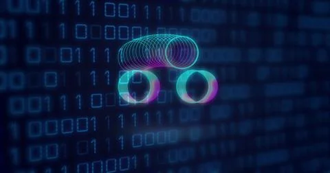 Image of neon circles over binary code on digital screen Stockillustratie