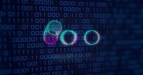 Image of neon circles over binary code on digital screen Stockillustratie