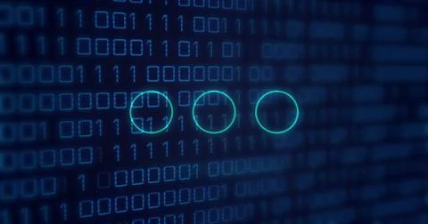 Image of neon circles over binary code on digital screen Stock Photos