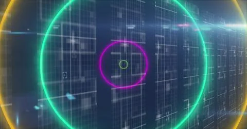 Image of neon circles over data processing on navy background Stock Illustration
