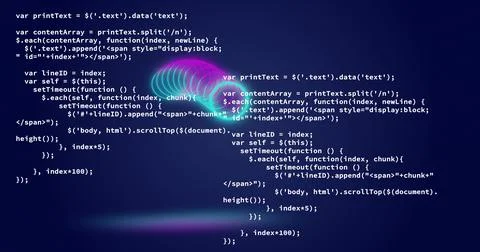Image of neon circles over data processing on navy digital screen 스톡 일러스트