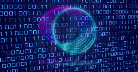 Image of neon circles over digital screen with binary code Stockillustratie
