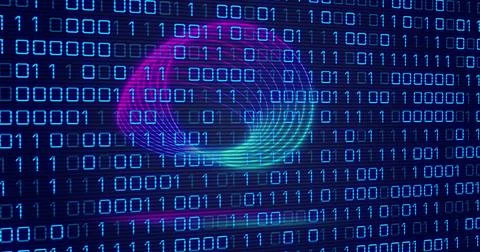 Image of neon circles over digital screen with binary code Stockillustratie