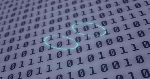 Image of neon circles over digital screen with binary code Stockillustratie