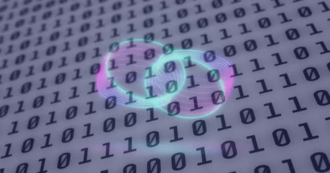 Image of neon circles over digital screen with binary code Stockillustratie