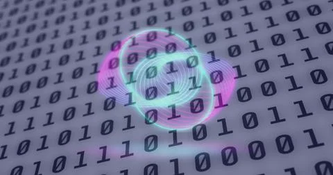 Image of neon circles over digital screen with binary code Stockillustratie