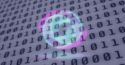 Image of neon circles over digital screen with binary code Stockillustratie