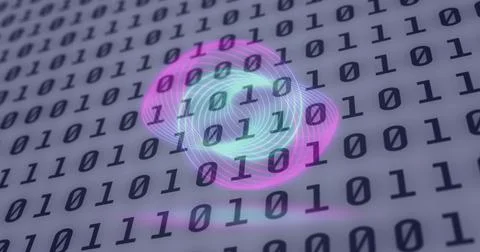Image of neon circles over digital screen with binary code Stockillustratie