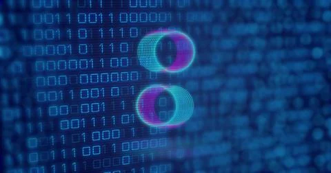 Image of neon circles over digital screen with binary code Stockillustratie